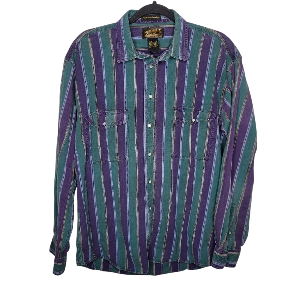 Vintage 80s Eddie Bauer Northwest Chambray Striped Button Down Shirt Size Large